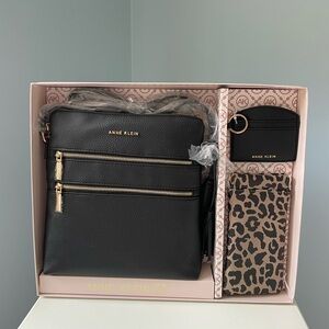 NWT ANNE KLEIN Black Crossbody Set with Wallet and Leopard Glasses Pouch